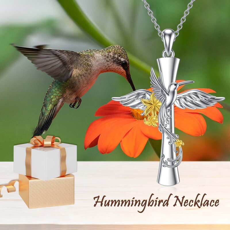 Sterling Silver Two-tone Hummingbird & Cross Pendant Necklace-6