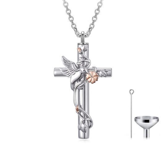 Sterling Silver Two-tone Hummingbird & Cross Urn Necklace for Ashes