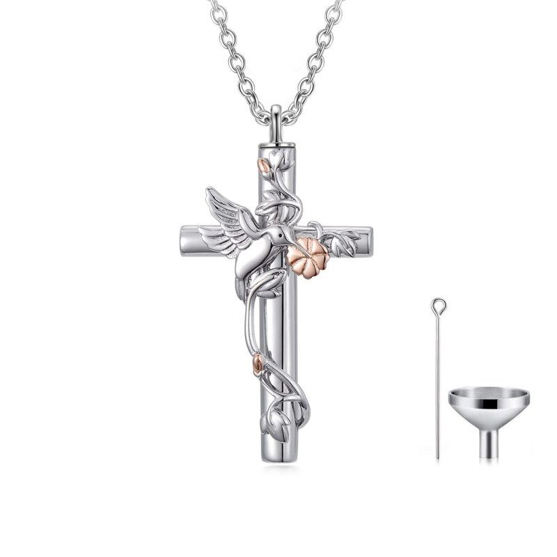 Sterling Silver Two-tone Hummingbird & Cross Urn Necklace for Ashes-9