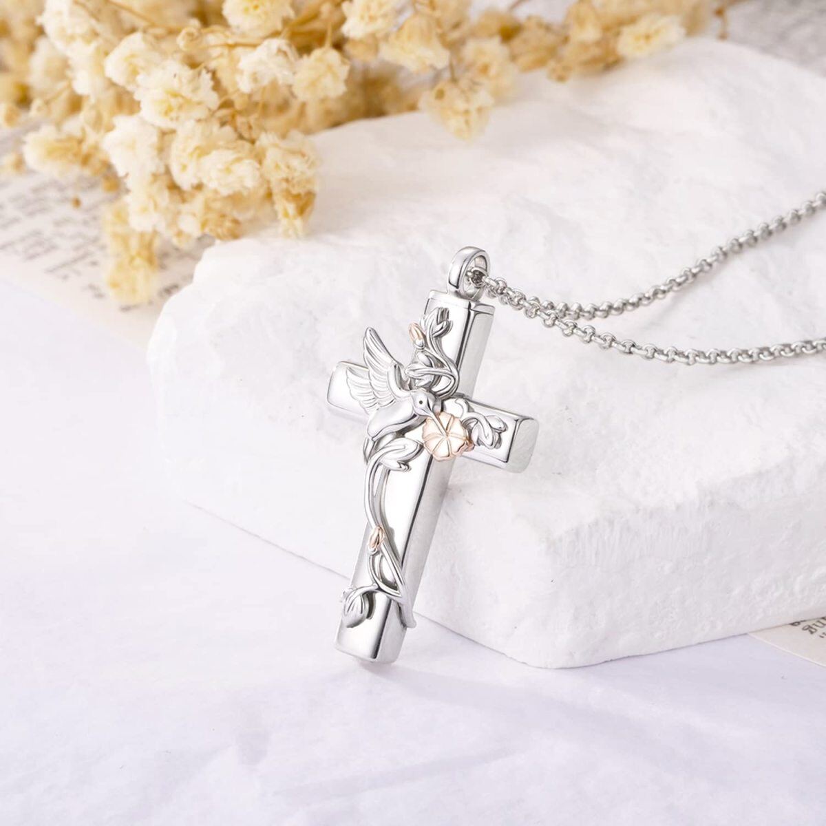 Sterling Silver Two-tone Hummingbird & Cross Urn Necklace for Ashes-3