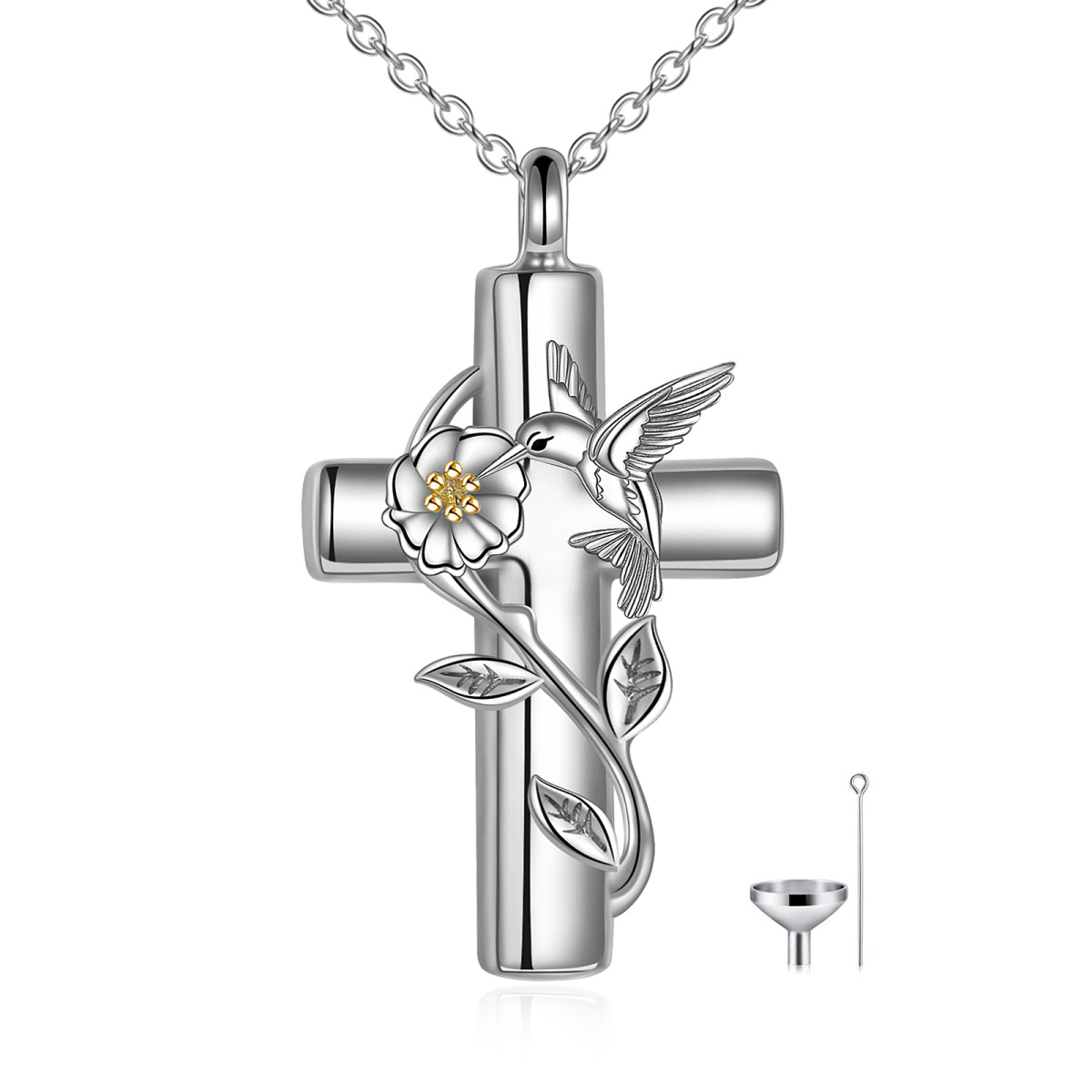 Collier urne colibri et croix en argent sterling bicolore avec mot gravé-1