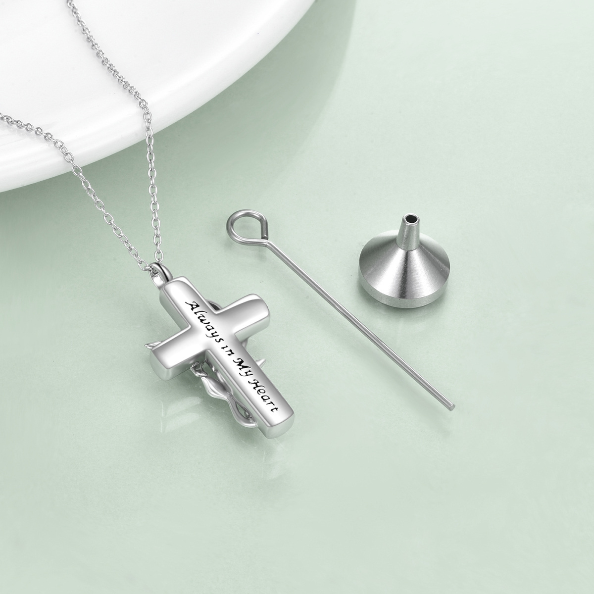 Sterling Silber zweifarbig Kolibri & Kreuz Urne Halskette mit eingraviertem Wort-4