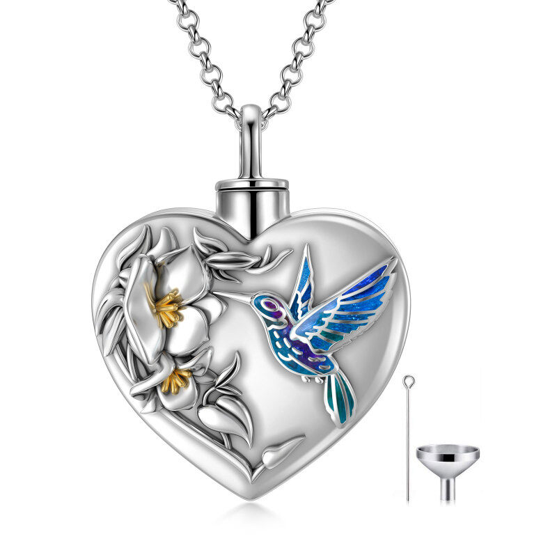 Collana con urna a cuore in argento sterling bicolore con colibrì e narciso per le ceneri