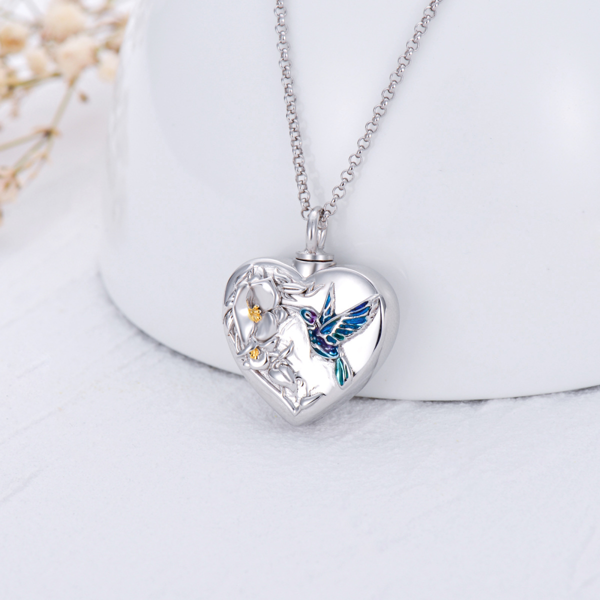 Sterling Silver Two-tone Hummingbird & Daffodil Heart Urn Necklace for Ashes-3