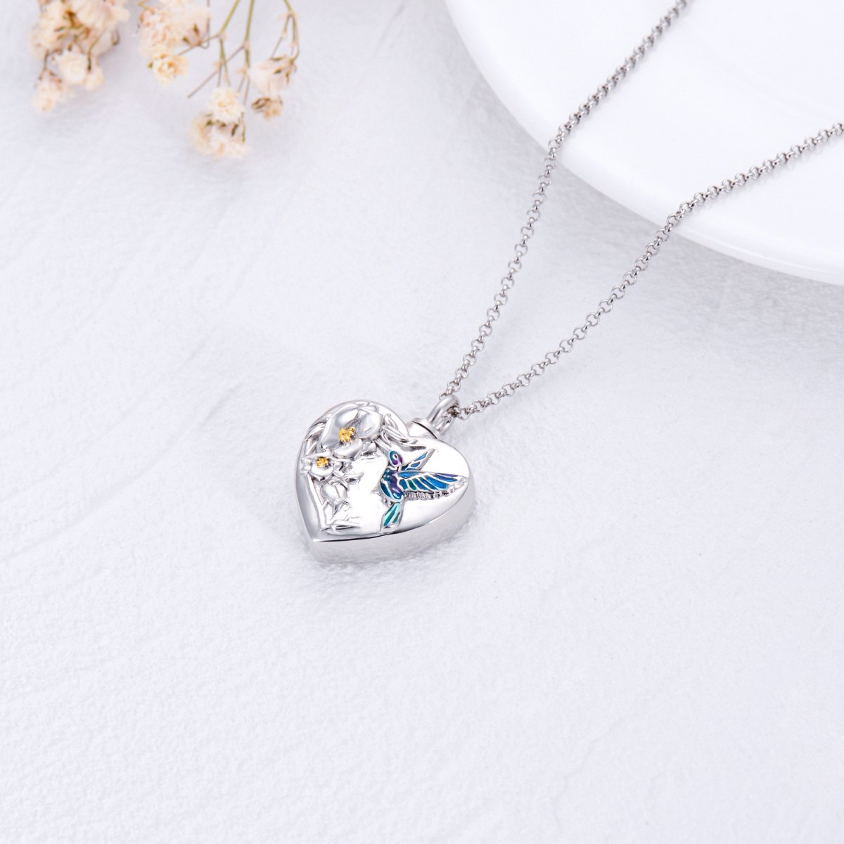 Sterling Silver Two-tone Hummingbird & Daffodil Heart Urn Necklace for Ashes-4