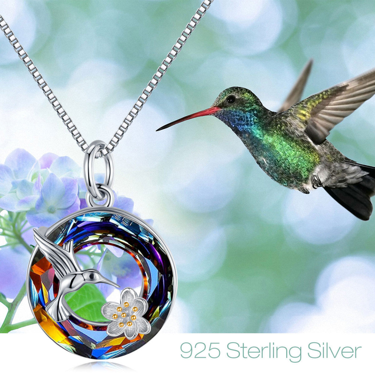 Sterling Silver Two-tone Hummingbird & Daisy Crystal Pendant Necklace-5