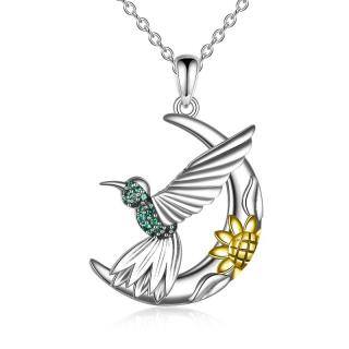 Sterling Silver Two-Tone Moon Hummingbird With Daisy Pendant Necklace For Women-5