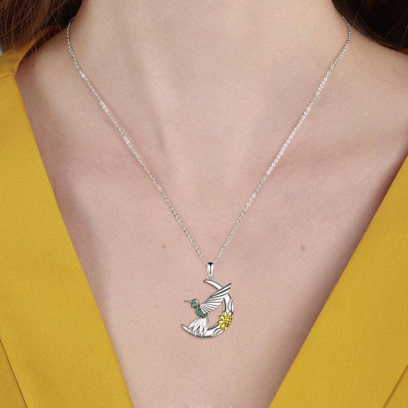 Sterling Silver Two-Tone Moon Hummingbird With Daisy Pendant Necklace For Women-2