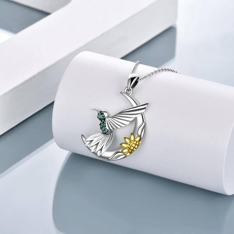 Sterling Silver Two-Tone Moon Hummingbird With Daisy Pendant Necklace For Women-3