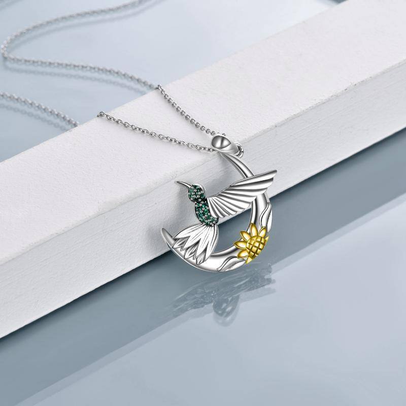 Sterling Silver Two-Tone Moon Hummingbird With Daisy Pendant Necklace For Women-4