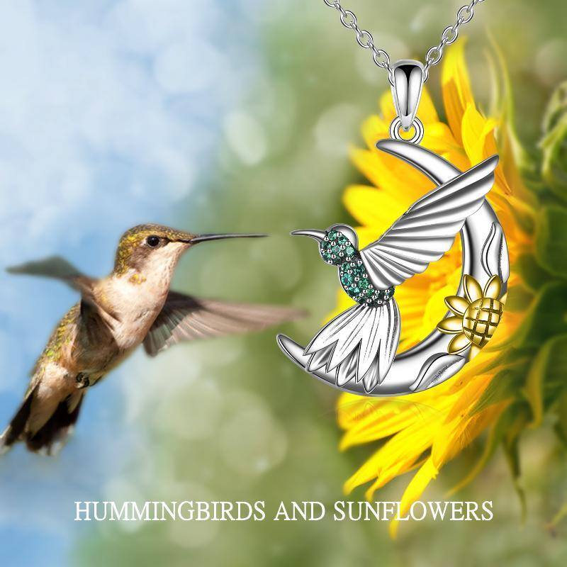 Sterling Silver Two-Tone Moon Hummingbird With Daisy Pendant Necklace For Women-6