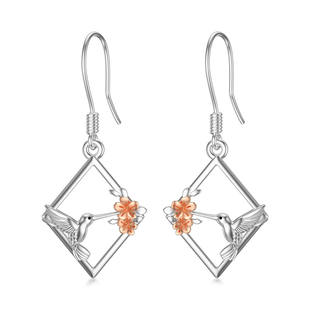 Sterling Silver Two-tone Hummingbird Drop Earrings-1