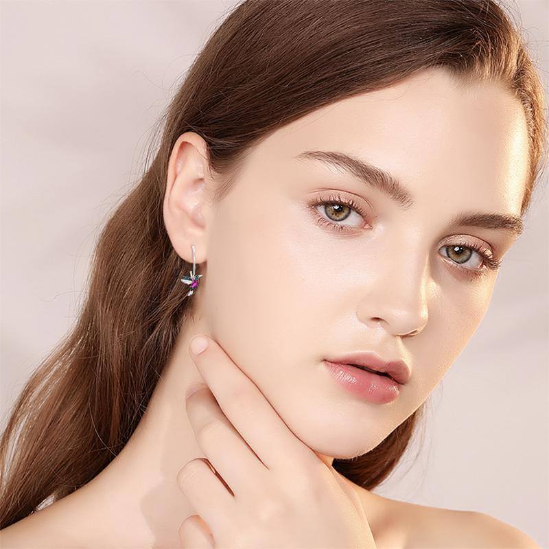 Sterling Silver Two-tone Cubic Zirconia Hummingbird Drop Earrings-2