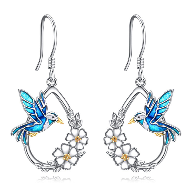 Sterling Silver Two-tone Hummingbird Drop Earrings