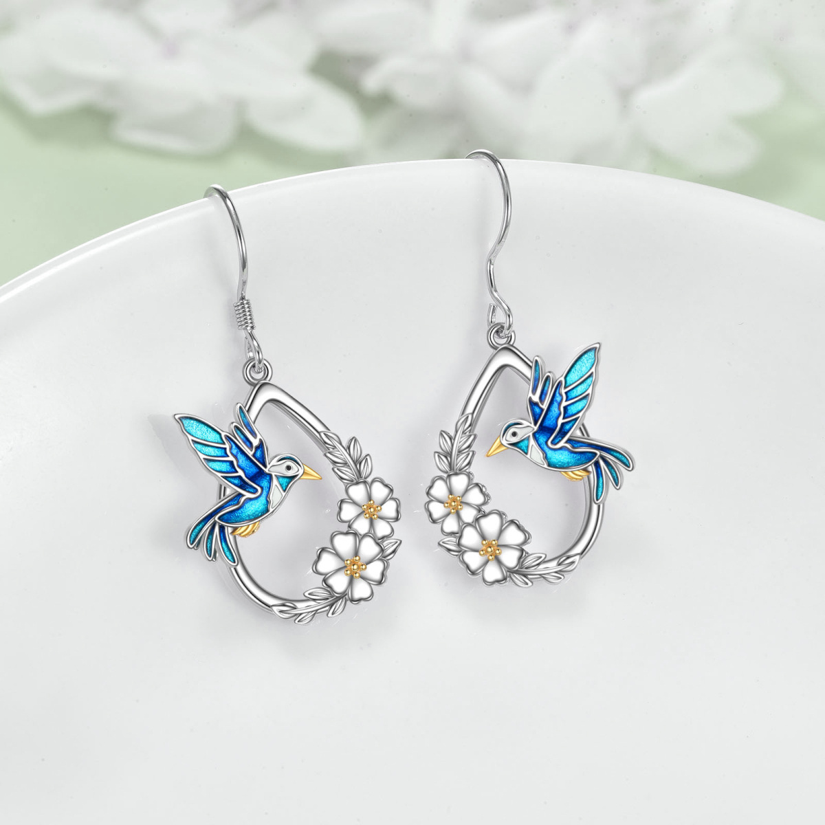 Sterling Silver Two-tone Hummingbird Drop Earrings-3