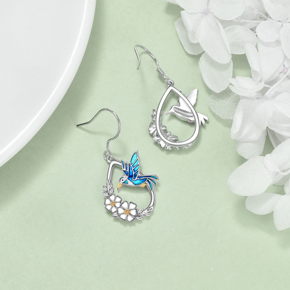 Pendants d'oreilles colibri en argent sterling bicolore-4