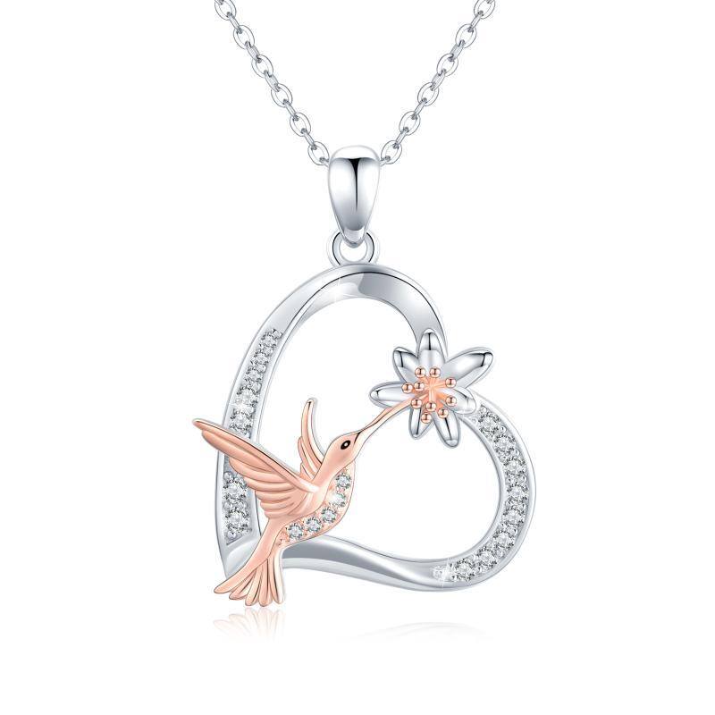 Collier en argent sterling avec pendentif colibri et cœur en zircon cubique bicolore-1