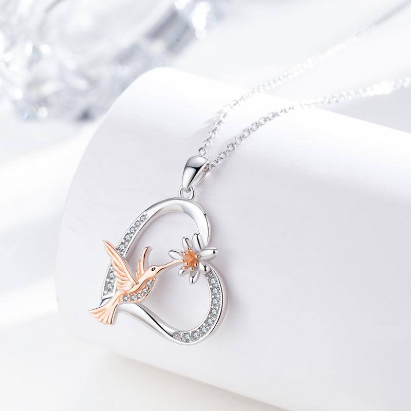 Sterling Silver Two-tone Cubic Zirconia Hummingbird & Heart Pendant Necklace-4