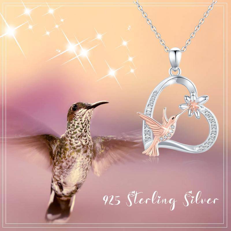 Sterling Silver Two-tone Cubic Zirconia Hummingbird & Heart Pendant Necklace-5