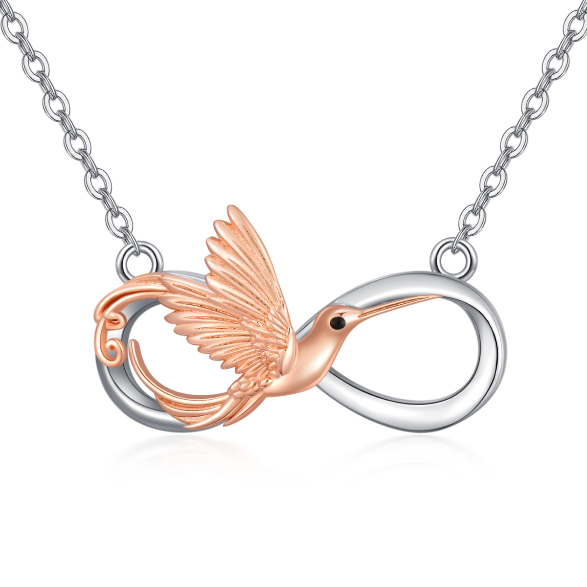 Collier en argent sterling avec pendentif colibri et symbole de l'infini bicolore-1