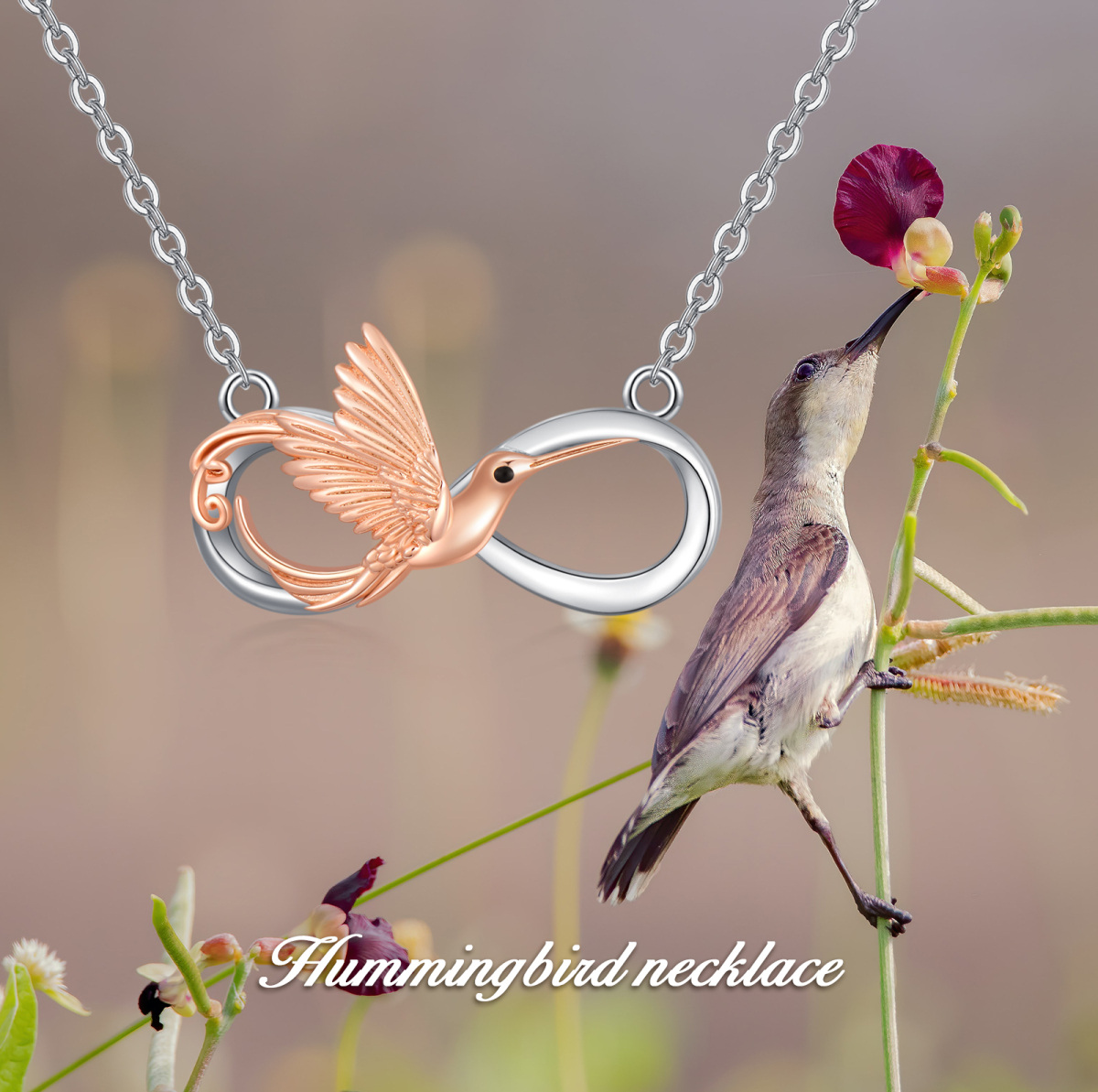 Collana in argento sterling bicolore con colibrì e simbolo dell'infinito-6