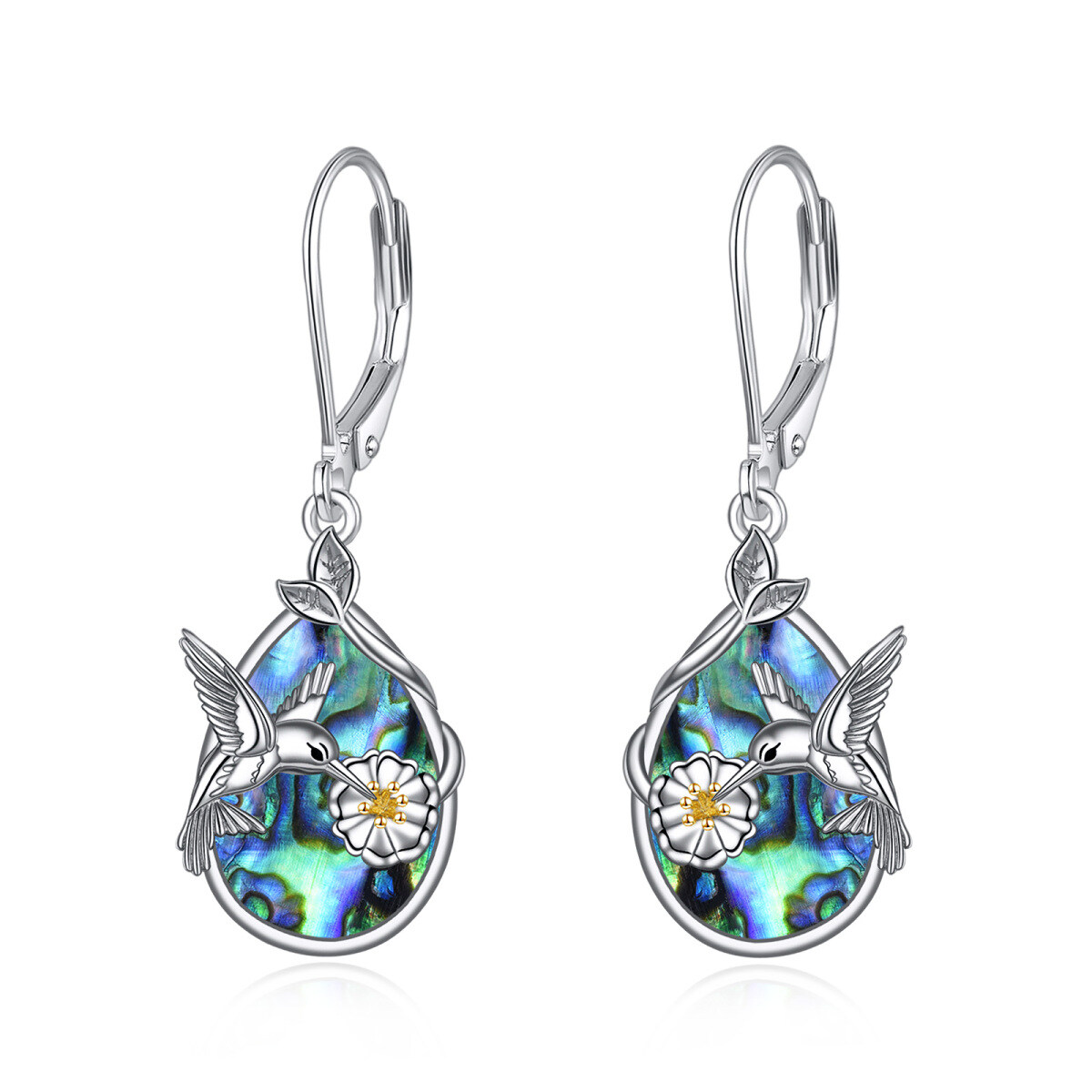 Sterling Silver Two-tone Hummingbird & Leaves Flowers Drop Lever-back Earrings for Women-1