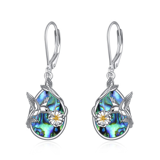 Sterling Silver Two-tone Hummingbird & Leaves Flowers Drop Lever-back Earrings for Women