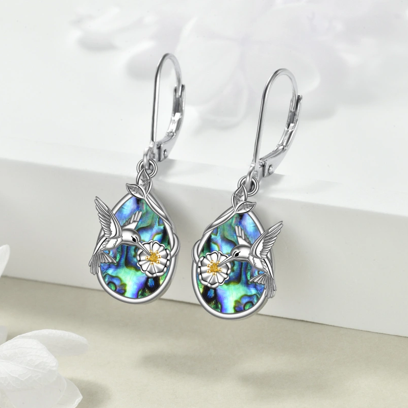 Sterling Silver Two-tone Hummingbird & Leaves Flowers Drop Lever-back Earrings for Women-4