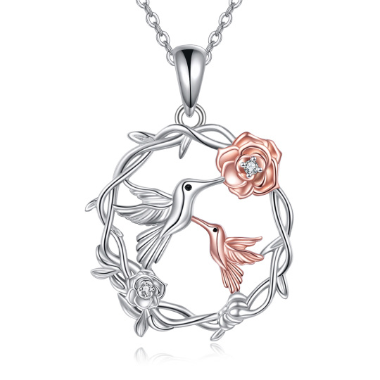 Collana in argento sterling con ciondolo a forma di colibrì e madre con zirconia cubica bicolore