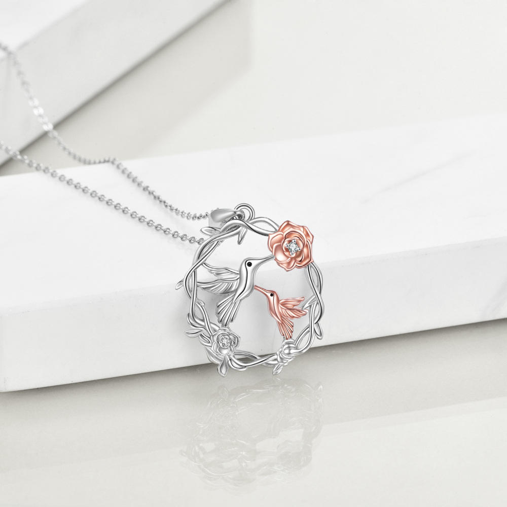 Sterling Silver Two-tone Cubic Zirconia Hummingbird & Mother Pendant Necklace-4