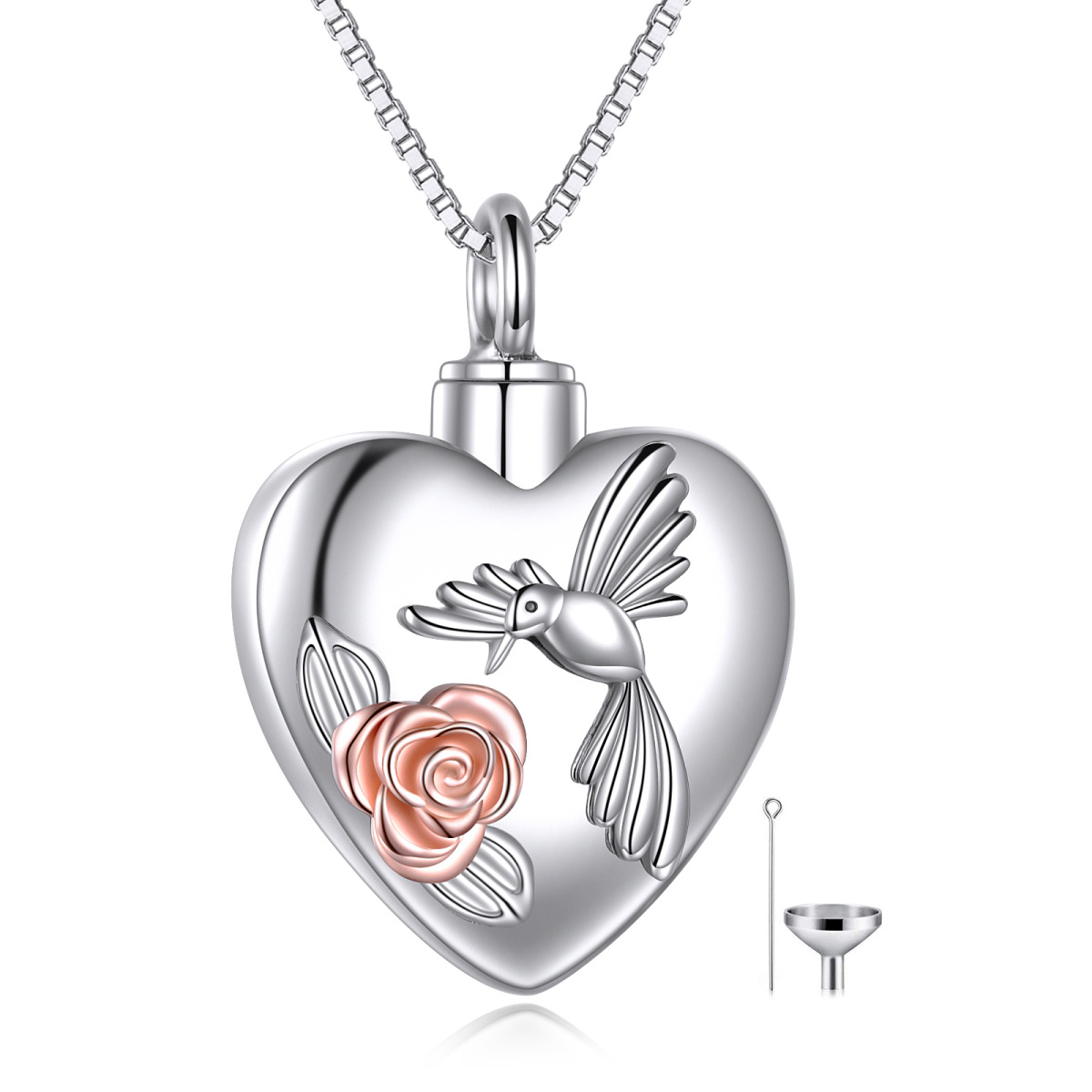 Collar de urna para cenizas con forma de colibrí y corazón de dos tonos de plata de ley con rosa-1