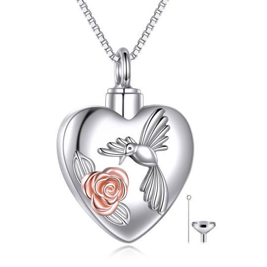 Collier bicolore en argent sterling avec colibri et cœur avec urne rose pour cendres