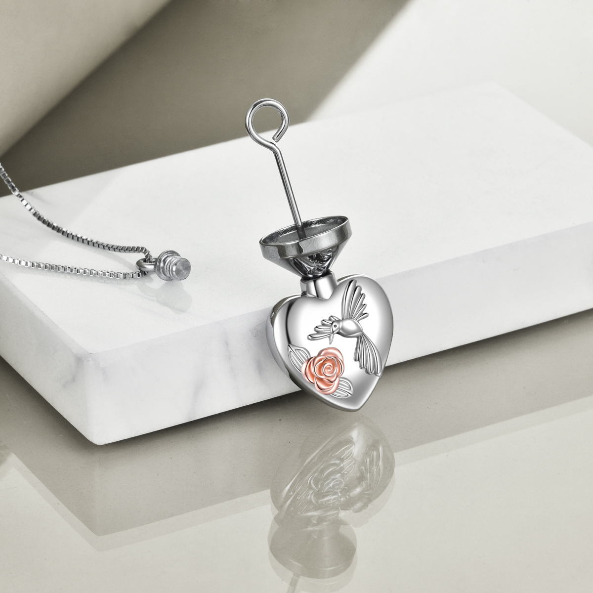 Sterling Silver Two-Tone Hummingbird & Heart With Rose Urn Necklace For Ashes-4