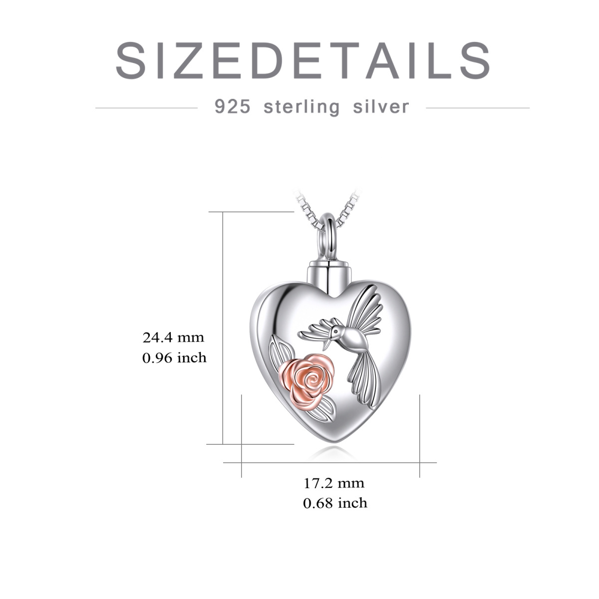 Zweifarbige Urnenkette aus Sterlingsilber mit Kolibri und Herz und Rose für Asche-5