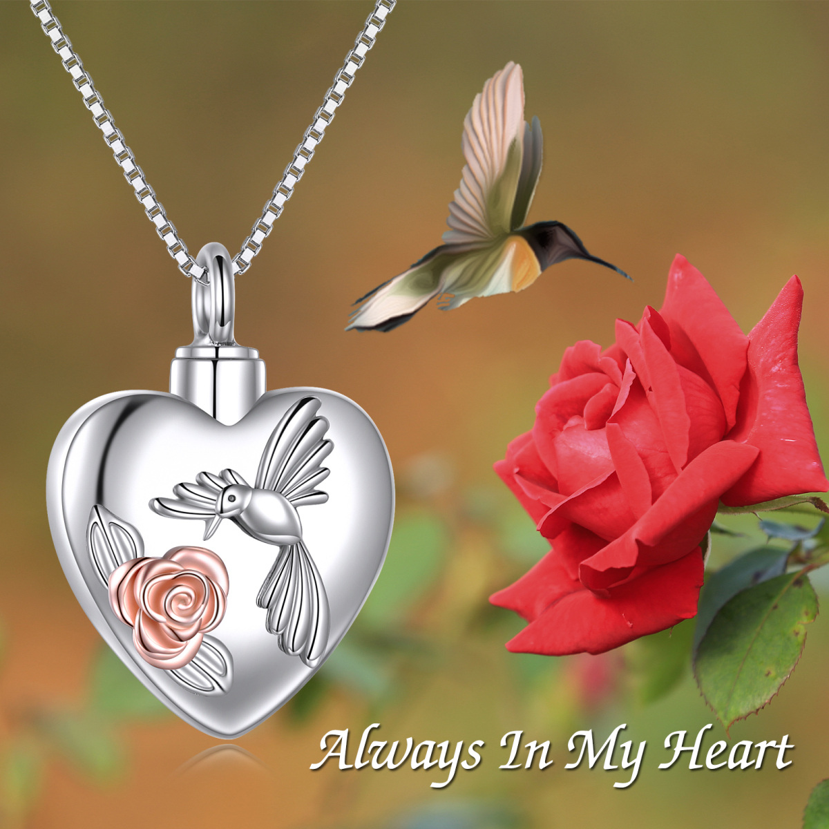 Sterling Silver Two-Tone Hummingbird & Heart With Rose Urn Necklace For Ashes-6