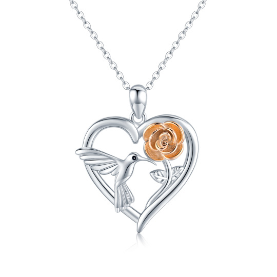 Sterling Silver Two-tone Hummingbird & Rose Pendant Necklace