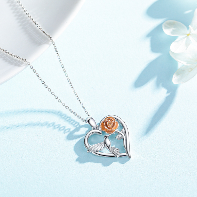 Sterling Silver Two-tone Hummingbird & Rose Pendant Necklace-3
