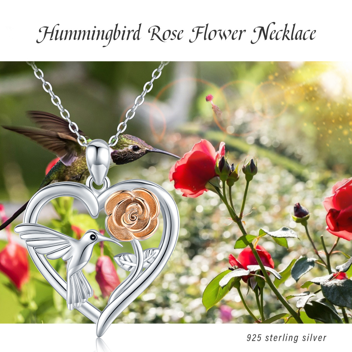 Collier en argent sterling avec pendentif colibri et rose bicolore-5