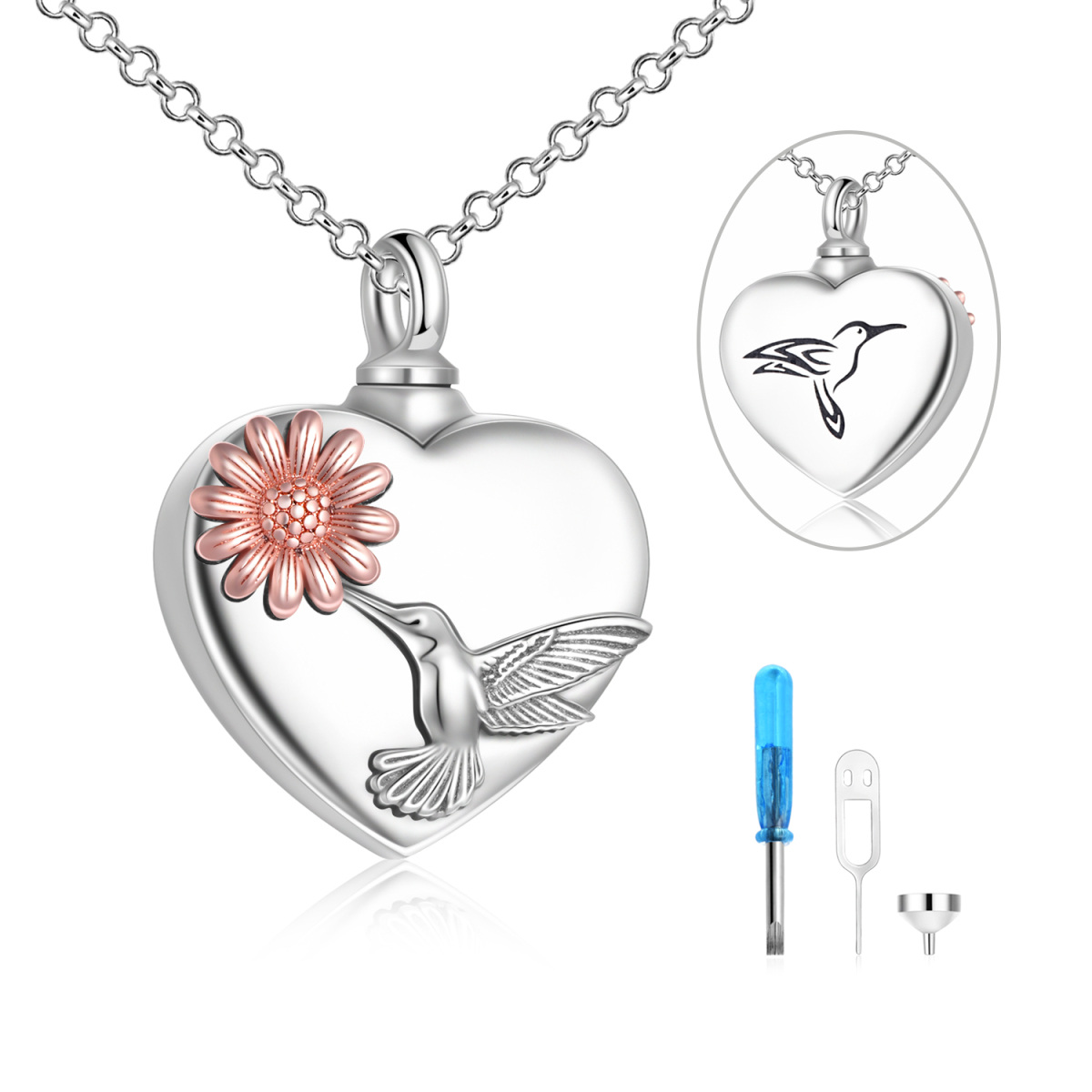 Sterling Silver Two-tone Hummingbird & Sunflower & Heart Urn Necklace for Ashes-1