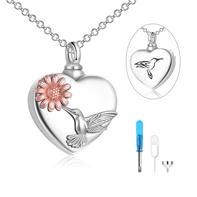 Collana d'argento bicolore con colibrì, girasole e cuore per le ceneri-1