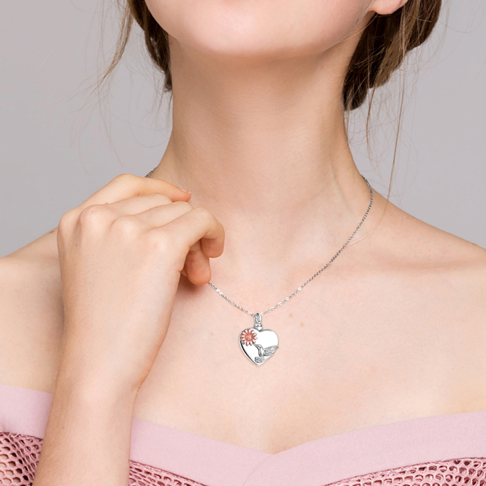 Sterling Silver Two-Tone Hummingbird & Sunflower & Heart Urn Necklace For Ashes-2