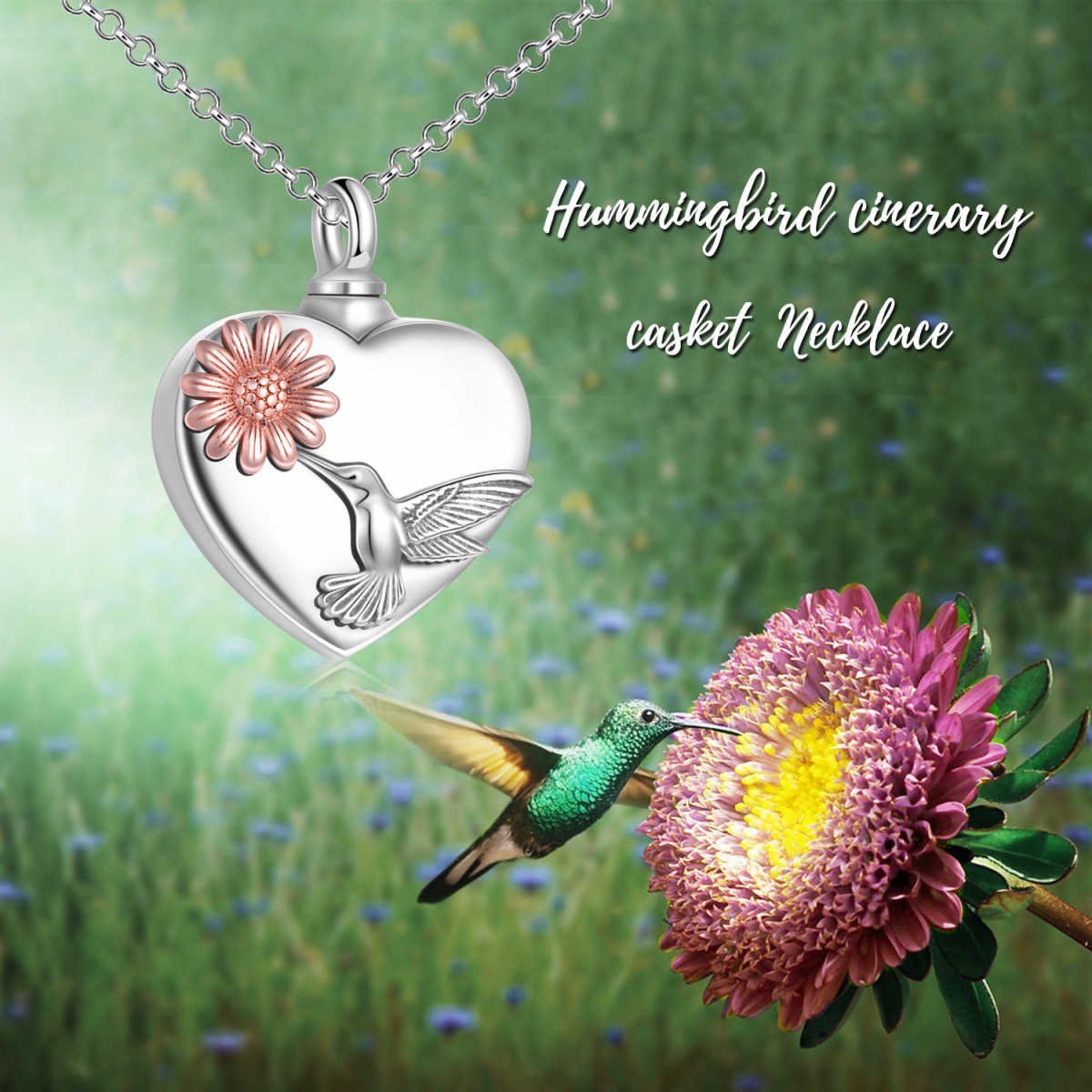 Sterling Silver Two-tone Hummingbird & Sunflower & Heart Urn Necklace for Ashes-5