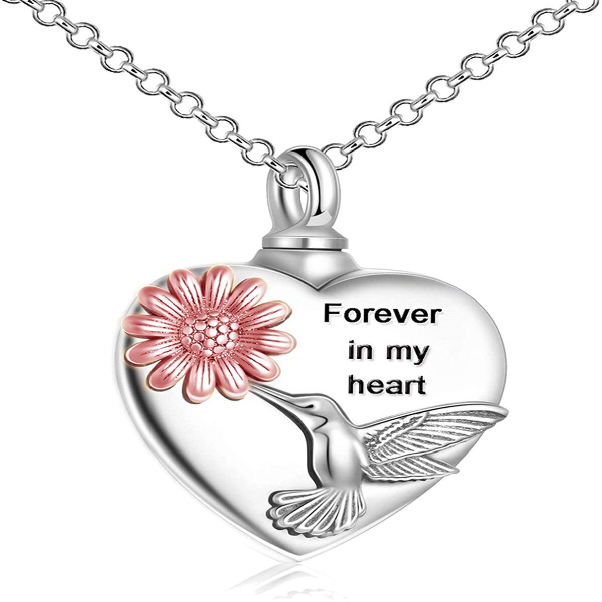 Sterling Silver Two-Tone Heart Hummingbird Sunflower Urn Necklace For Ashes-1