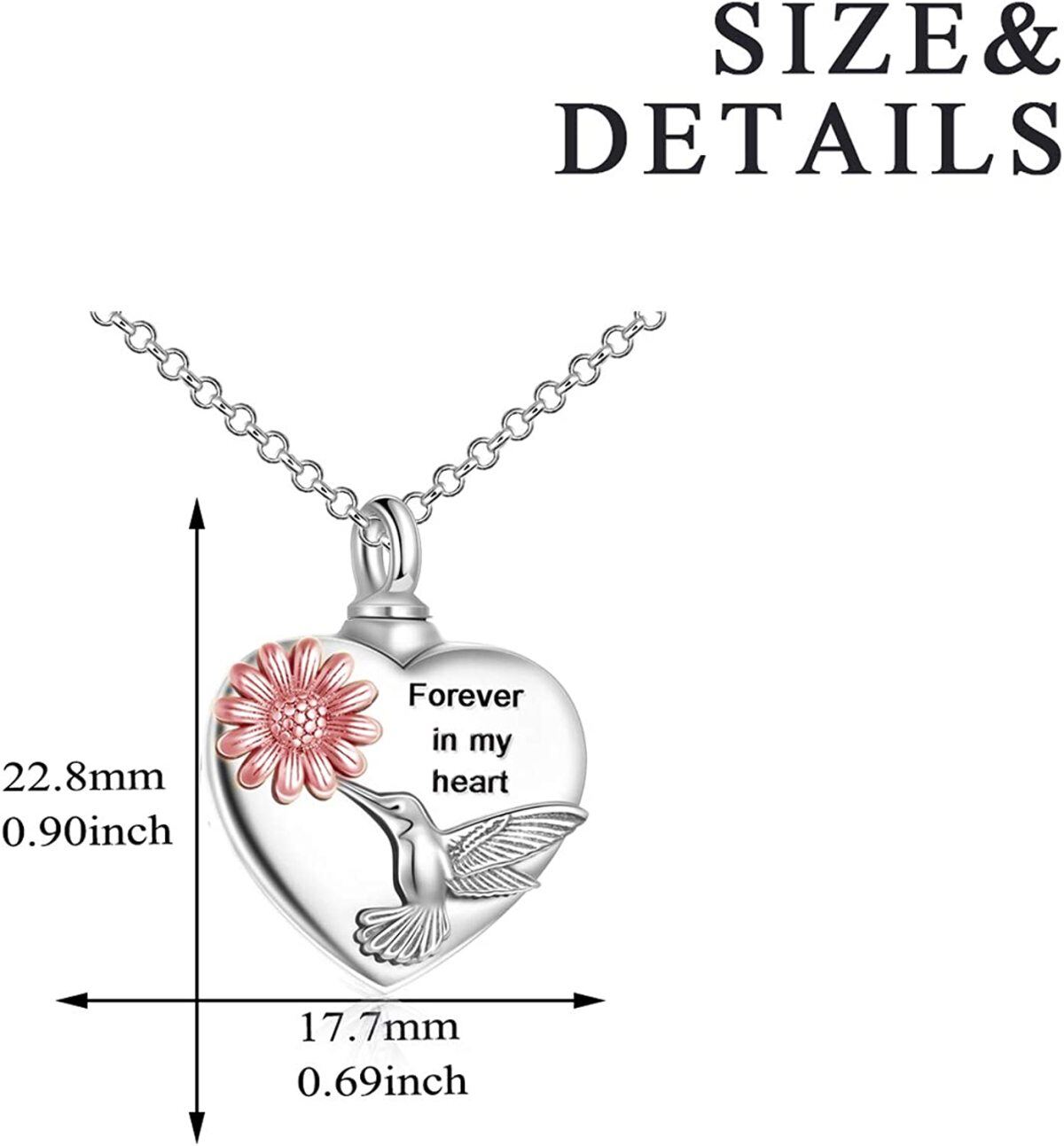 Zweifarbige Herz-Kolibri-Sonnenblumen-Urnen-Halskette aus Sterlingsilber für Asche-4