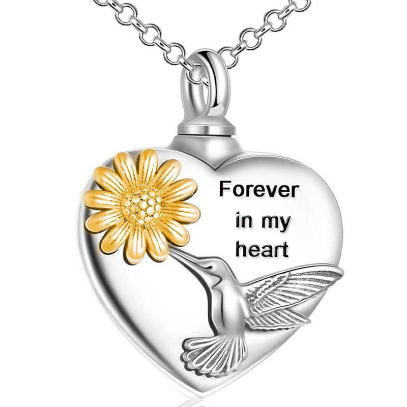 Sterling Silver Two-Tone Heart Hummingbird Sunflower Urn Necklace For Ashes-18