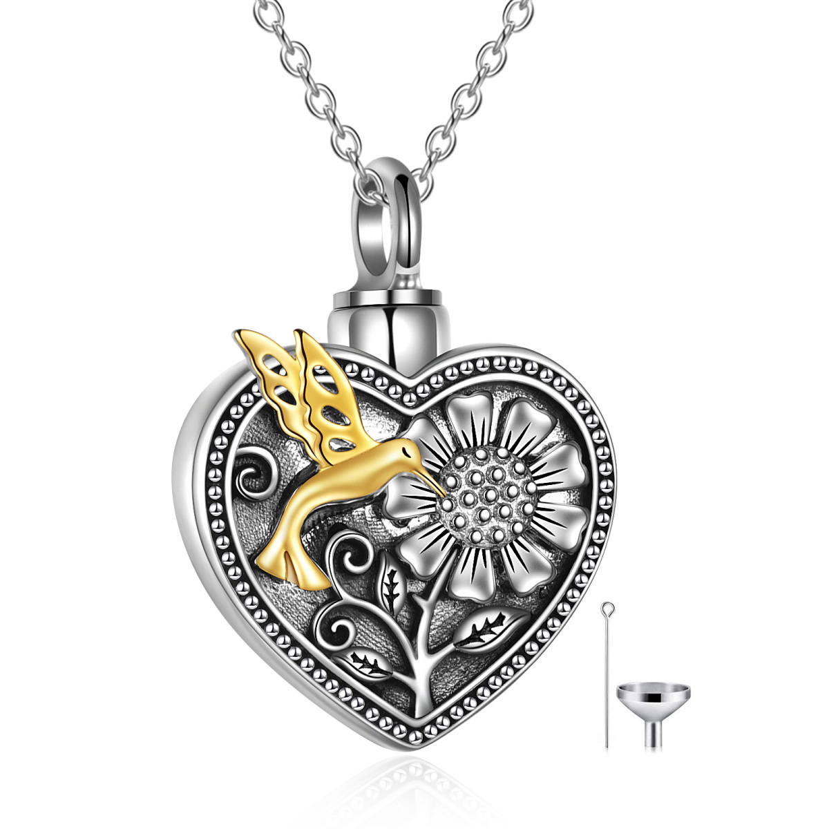 Sterling Silver Two-Tone Hummingbird Sunflower Heart Urn Necklace For Ashes-1