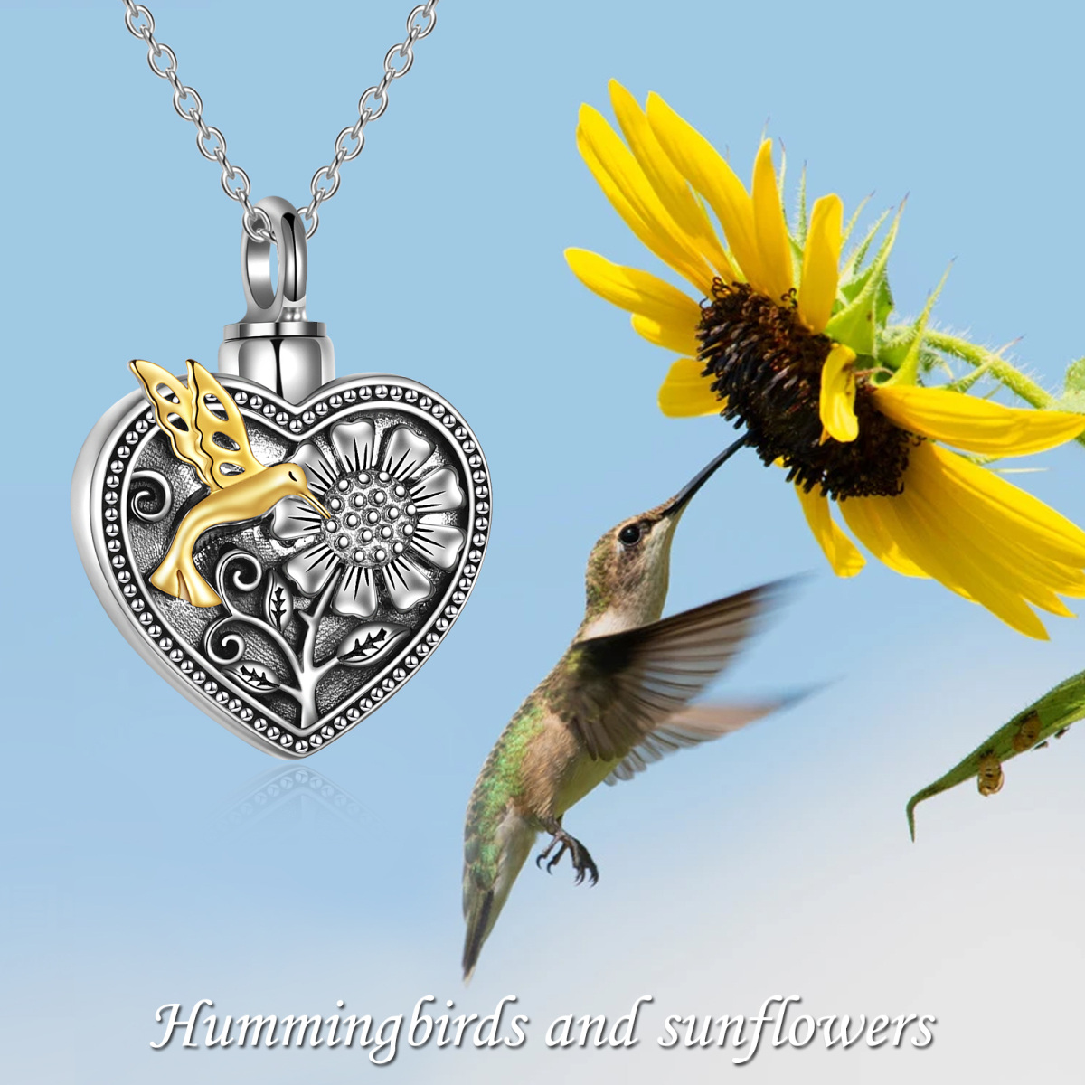 Sterling Silver Two-Tone Hummingbird Sunflower Heart Urn Necklace For Ashes-6