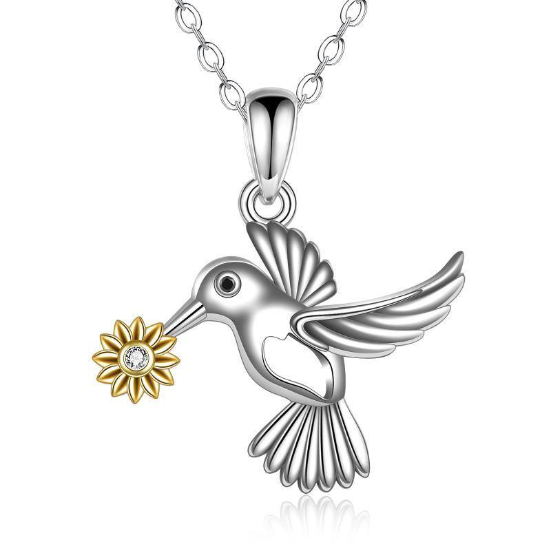 Collier avec pendentif en argent sterling et oxyde de zirconium bicolore, colibri et tournesol-1