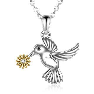 Sterling Silver Two-tone Cubic Zirconia Hummingbird & Sunflower Pendant Necklace-3