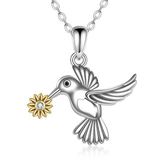 Sterling Silver Two-tone Cubic Zirconia Hummingbird & Sunflower Pendant Necklace